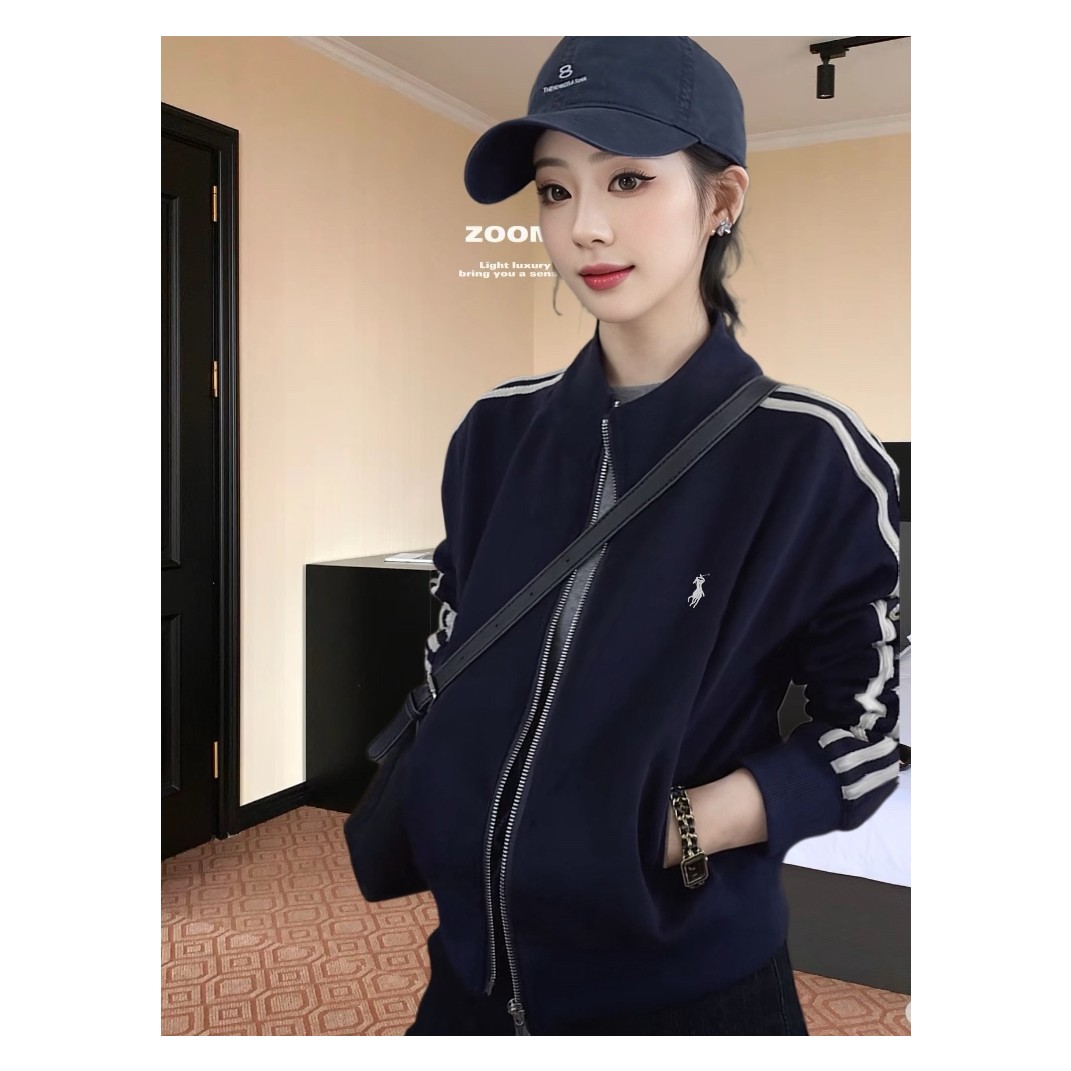 欧货早秋新款安可拉红三条杠立领短外套女百搭显瘦拉链开衫夹克衫