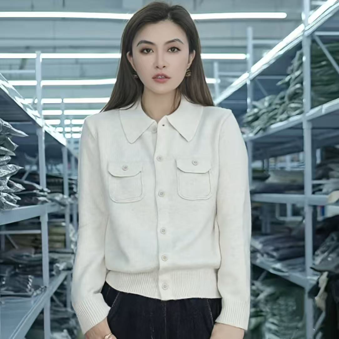 【思思精选】新款翻领对称口袋长袖针织开衫女宽松百搭时尚上衣B083