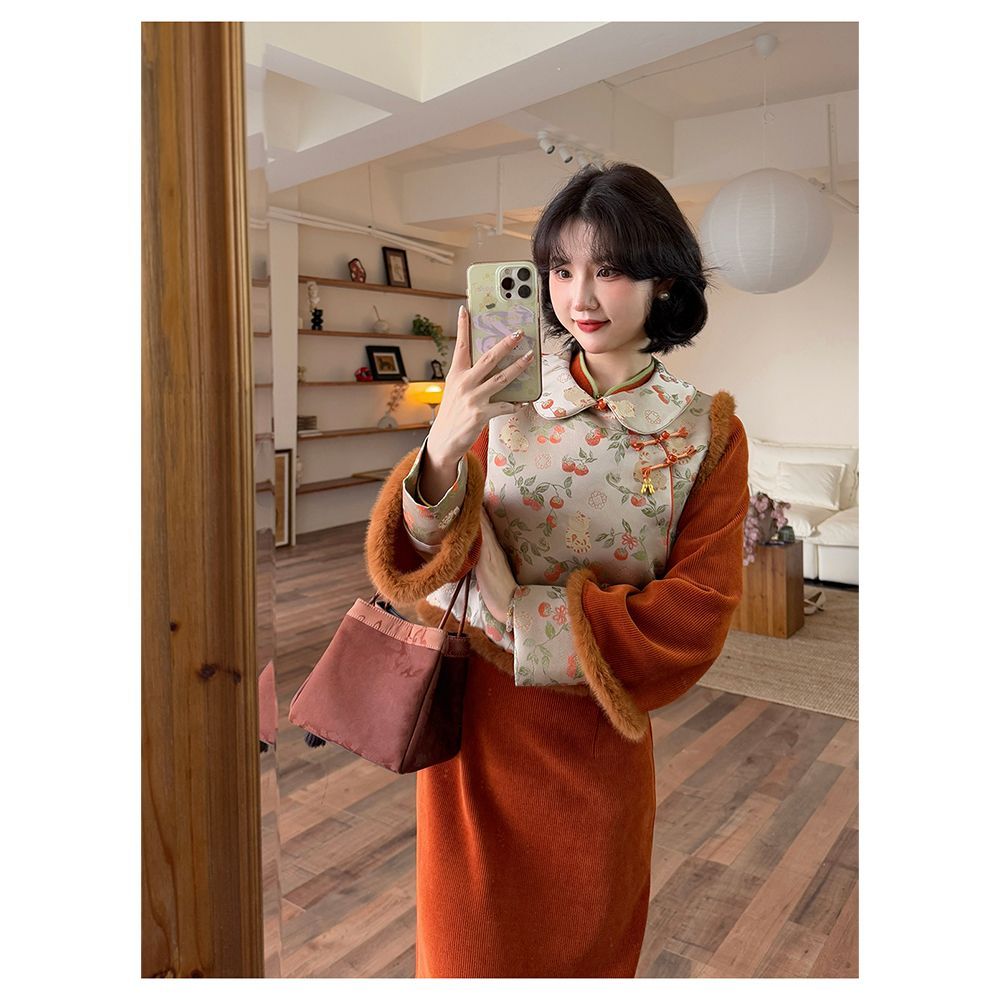 新中式柿柿如意秋季新款新中式国风圆领提花马甲针织拼接连衣裙子