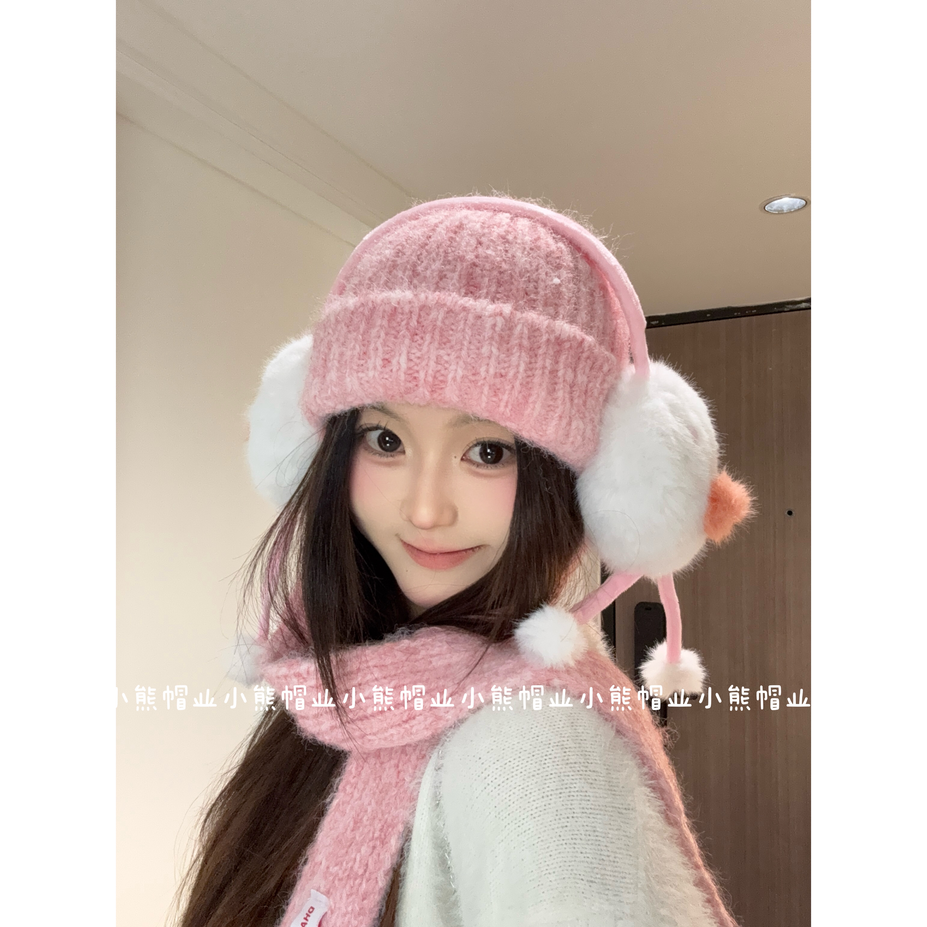 秋冬新款可爱粉色加厚针织护耳帽女时尚保暖百搭