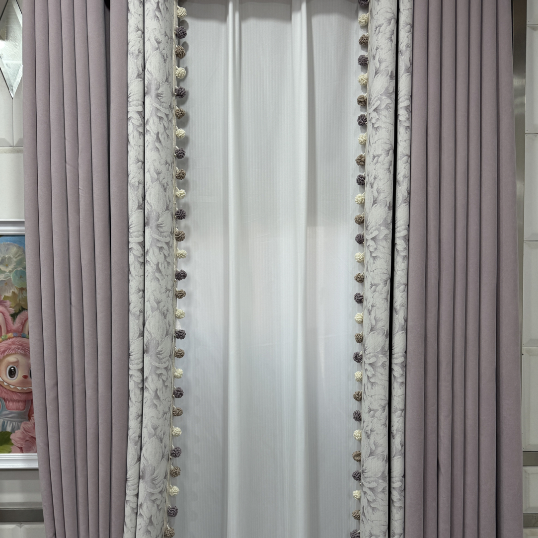 法式浪漫紫色百合加厚雪尼尔拼接窗帘 客厅卧室