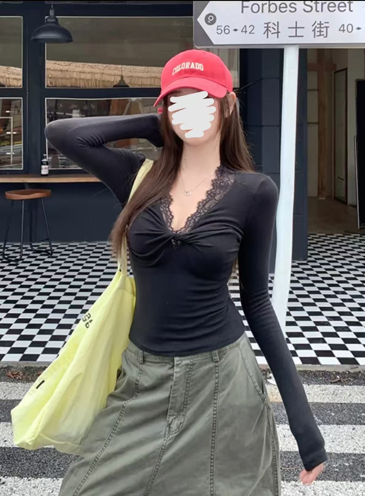 公主 大码胖mm辣妹蕾丝V领扭结掐腰弹力修身显瘦长袖打底90309