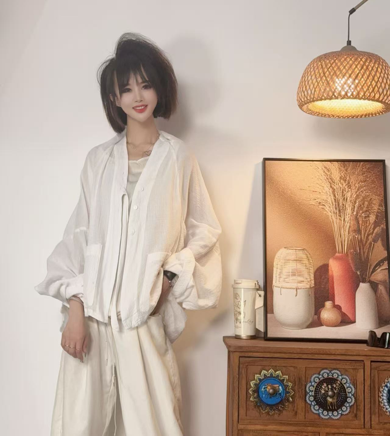 【沐木流浪记】（旧颜）夏季新款防晒白色单飘带开衫女衬衫Z 