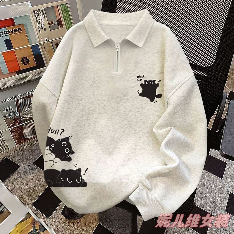 美式polo领半拉链卫衣女装秋冬季宽松百搭chic学院风韩版套头上衣