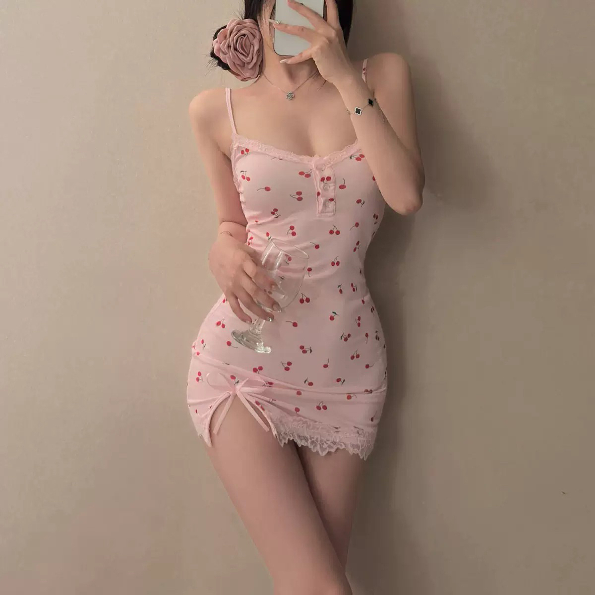 【姒悦Siyue】碎花公主 粉色纯欲风吊带紧身碎花带胸垫性感睡裙