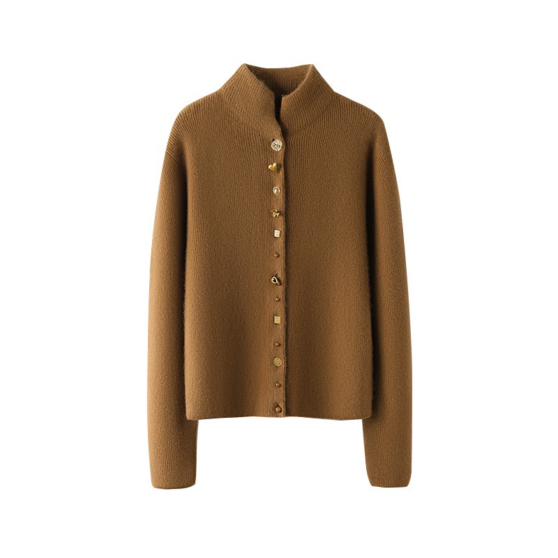 刘雯同款~100%纯山羊绒开衫女半高领异型扣针织毛衣外套外搭上衣