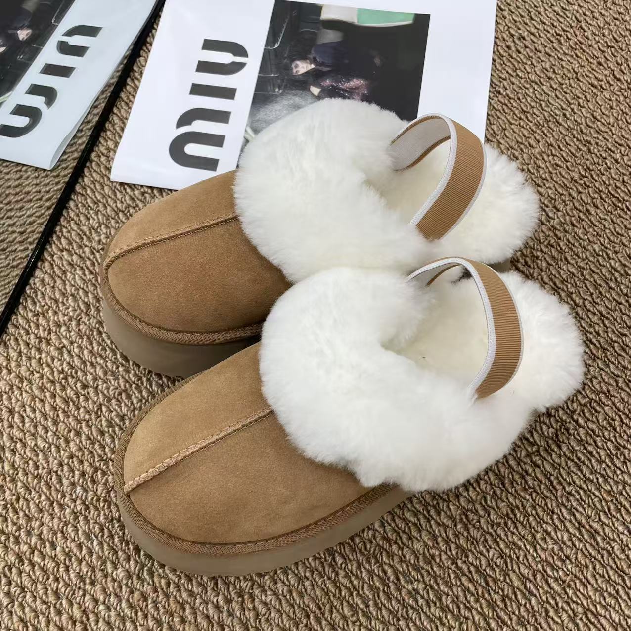 松紧带星拖女生秋冬羊皮毛一体雪地靴防滑加厚加绒懒人毛毛拖