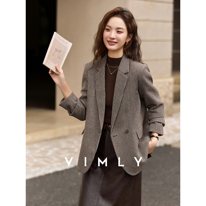 梵希蔓复古千鸟格毛呢西装外套女冬季休闲咖啡色夹棉西服A2951