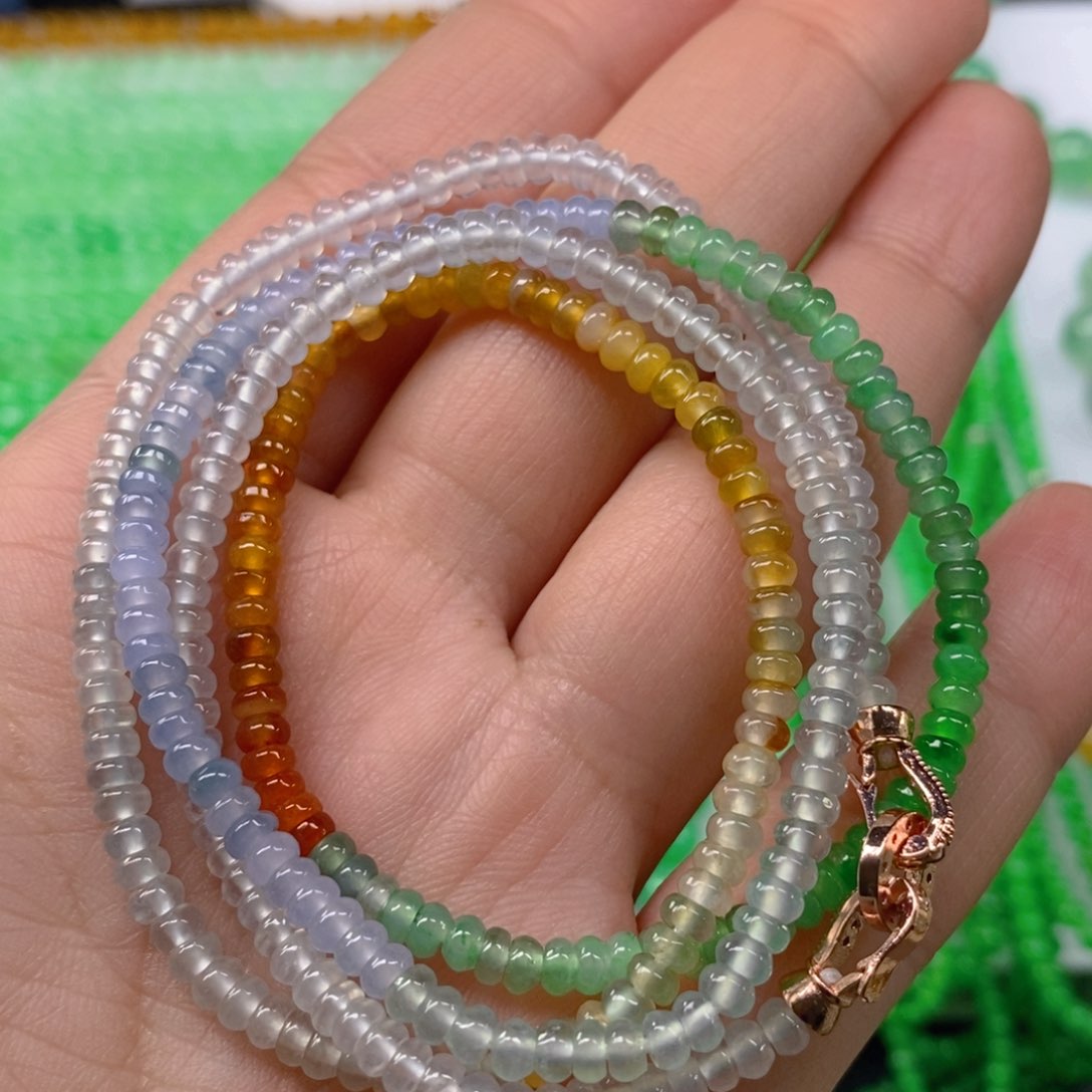 翡翠颈饰未镶嵌缅甸天然翡翠高冰种多宝算盘珠项链3.8m' m
