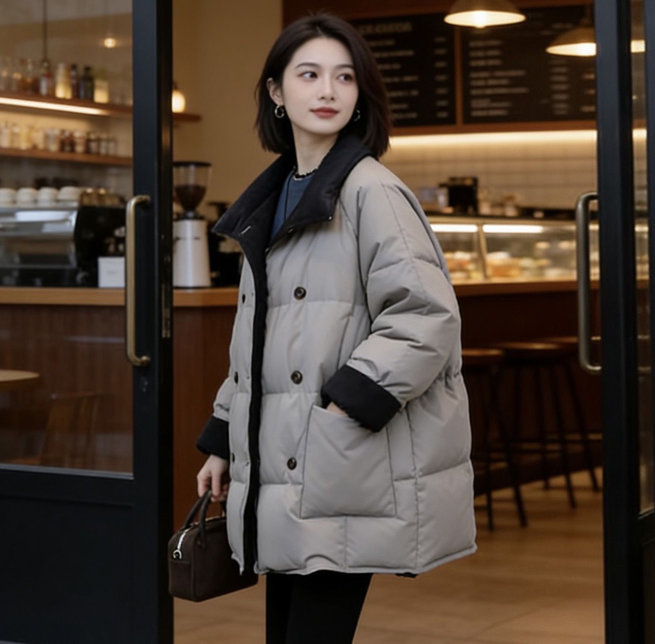 正品保证 高货冬季新款中长款双排扣宽松立领90白鸭绒羽绒服E672