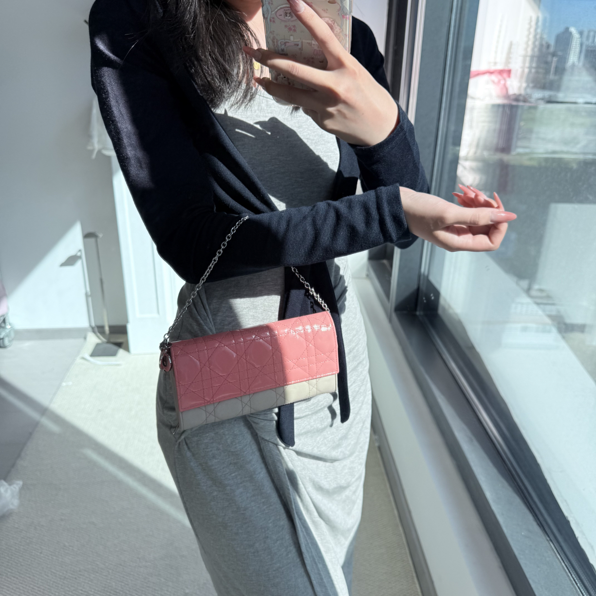 95新 DIOR/迪奥 dior粉杏拼色拼皮woc单肩包