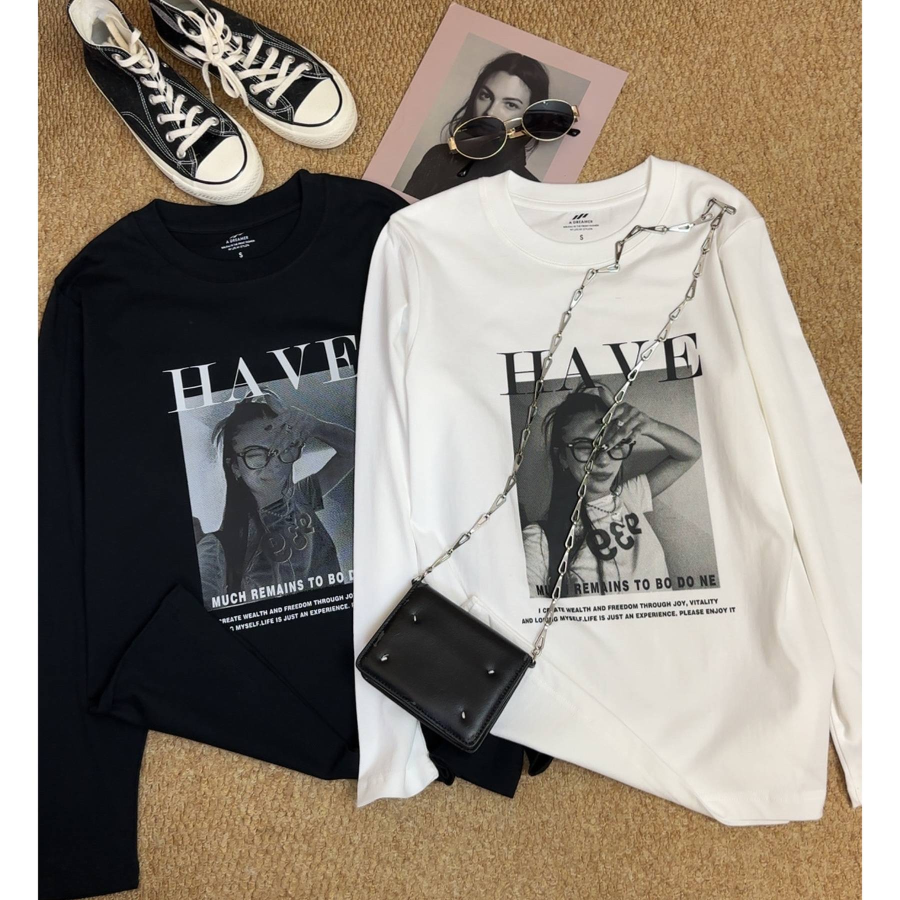 2025圆领长袖t恤女秋季新款时尚印花休闲百搭上衣