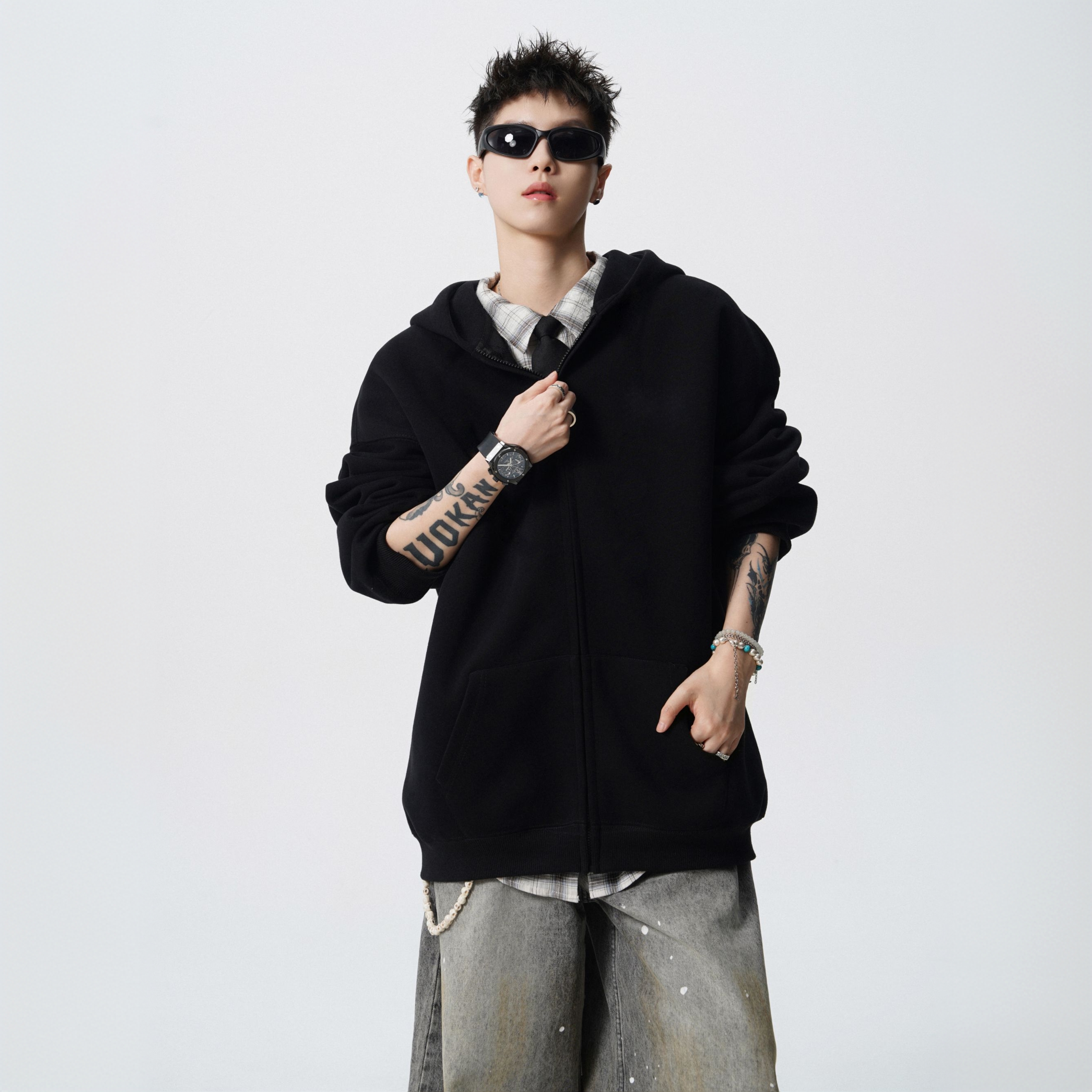 420克美式双拉链开衫男装潮重磅宽松休闲情侣连帽开衫拉链卫衣