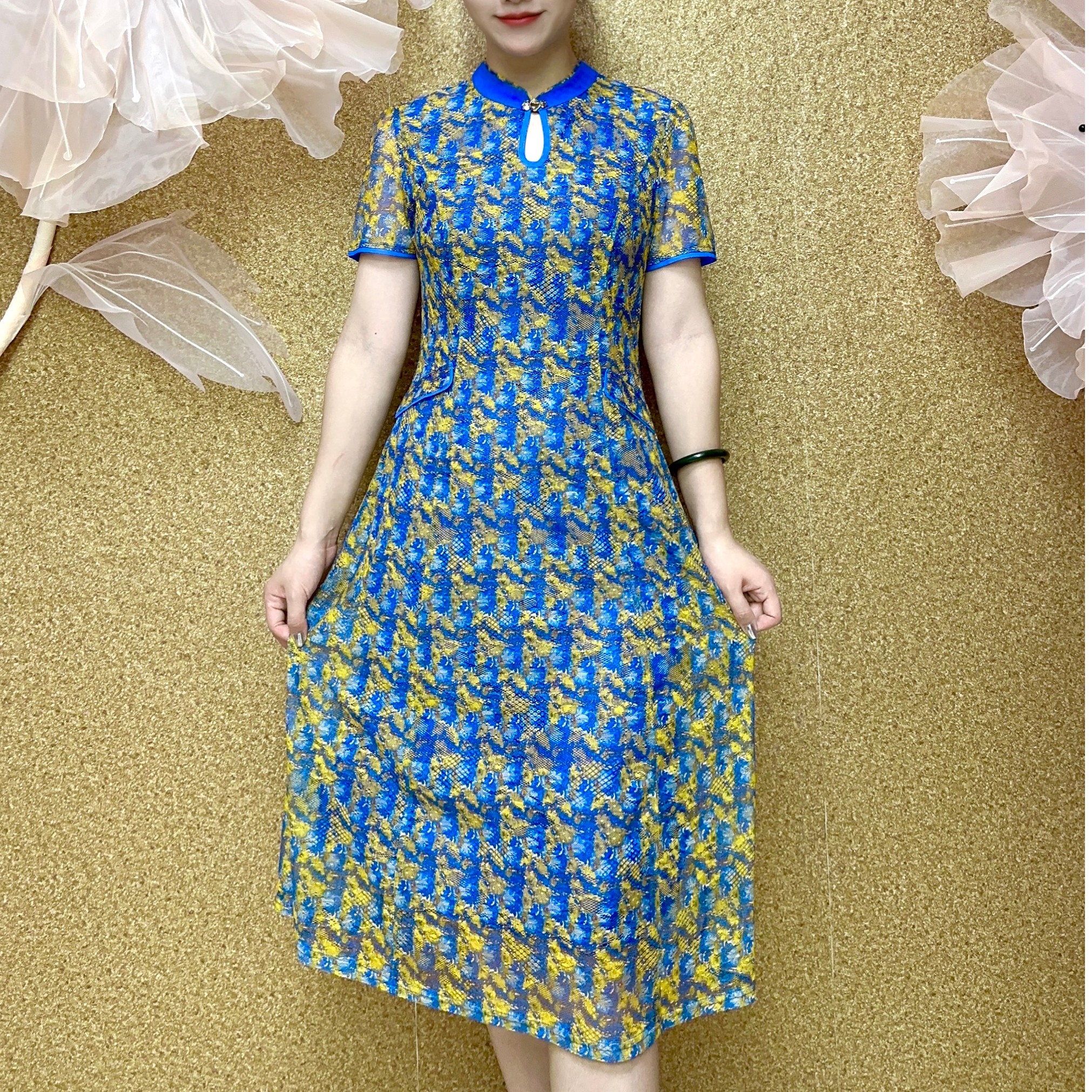 S 1125#夏装妈妈连衣裙蓝色时尚女士休闲夏季连衣裙