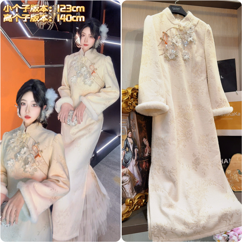 【雪莲花】64005重工加厚冬季旗袍女长款连衣裙新中式长裙胖MM
