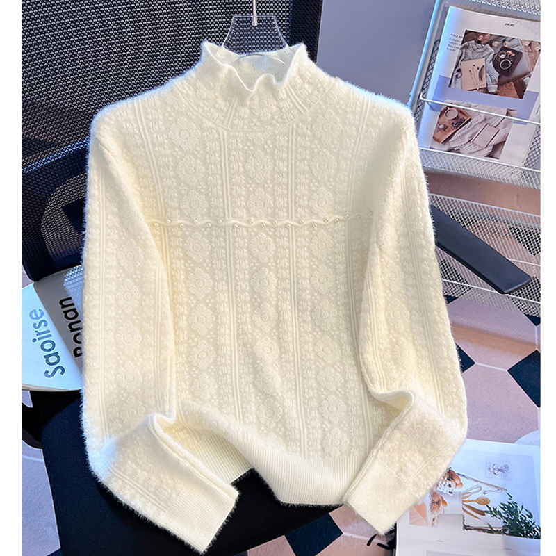 法式提花荷叶边半高领针织打底衫女秋冬季洋气百搭小个子内搭毛衣