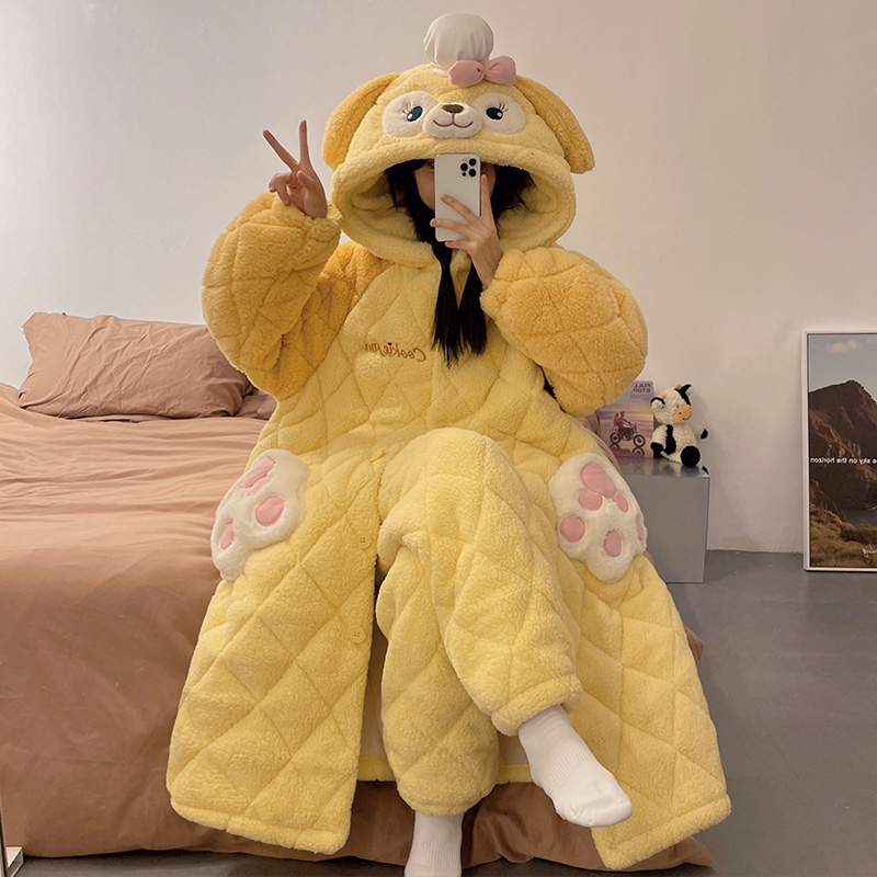 三层夹棉睡衣女款秋冬季加厚加绒长款睡袍可爱卡通冬天保暖家居服