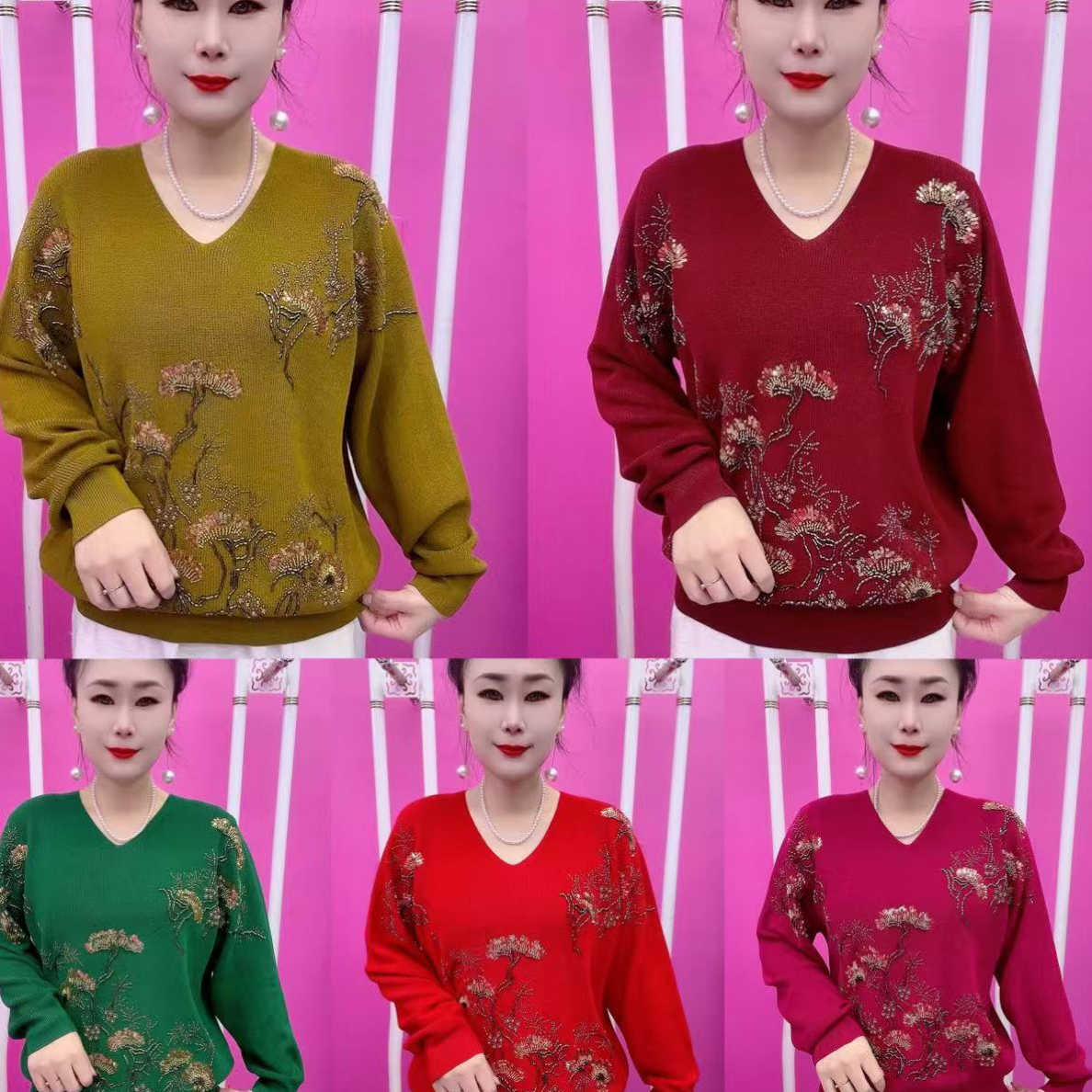 秋冬时尚洋气v领凤尾花焦麻串珠针织衫