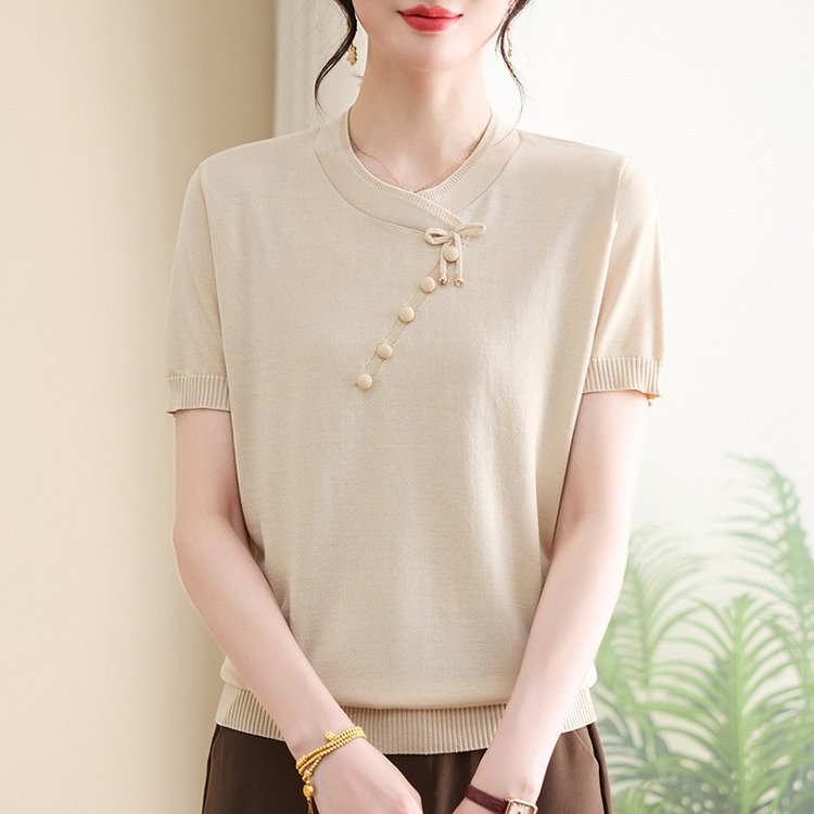 妈妈款夏装T恤中年女士夏季短袖上衣新中式纯色针织衫小衫薄2552