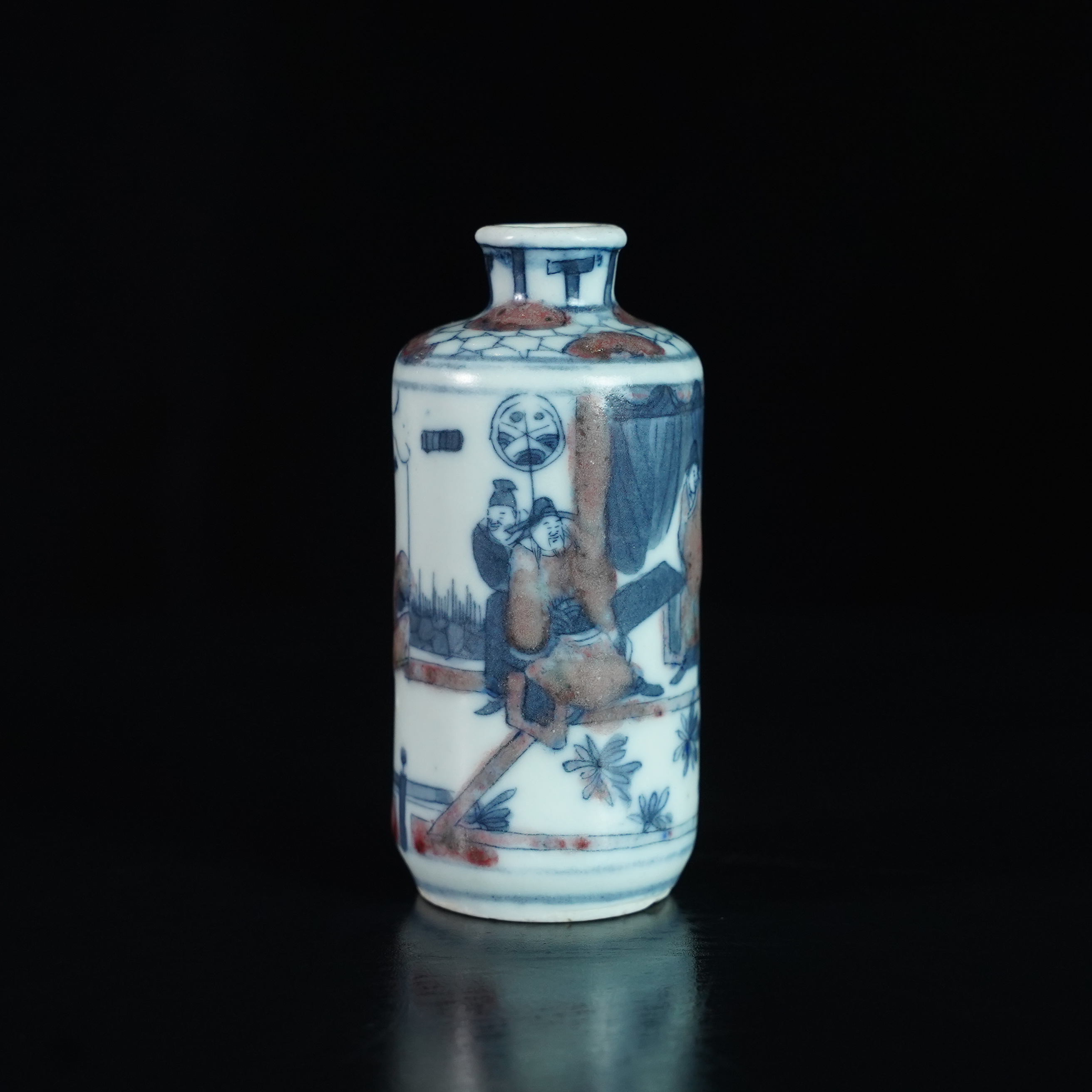 LQM250111008【十竹斋】清代青花釉里红人物故事鼻烟壶   