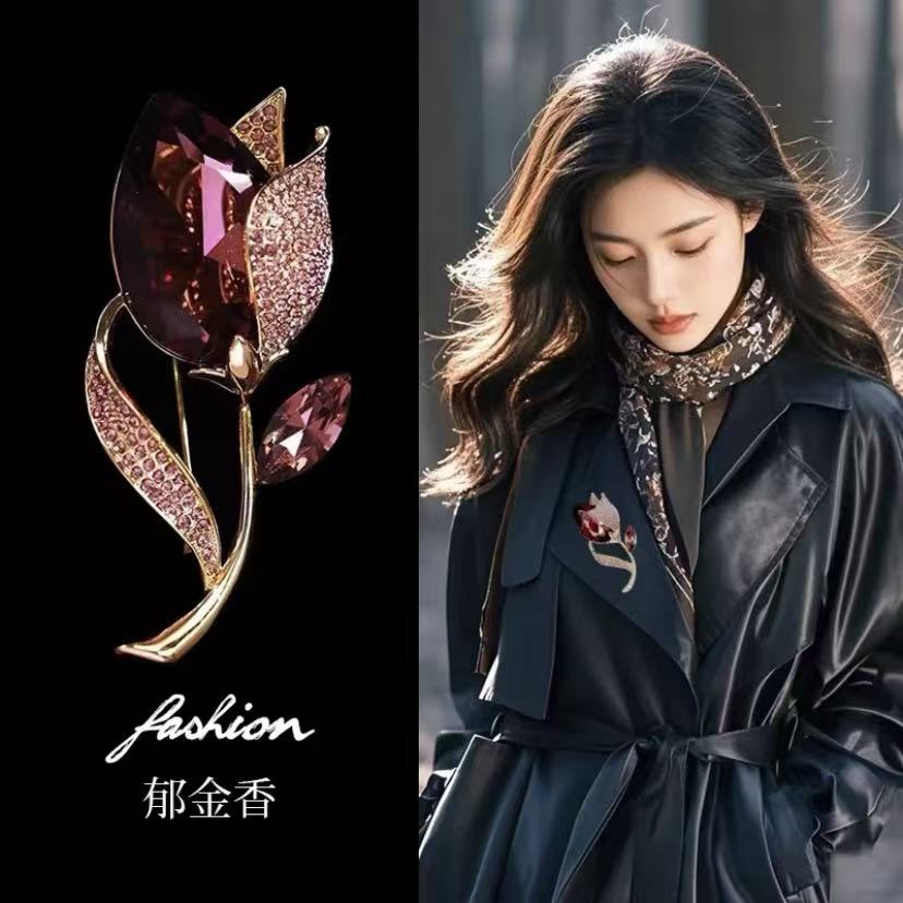 铜合金胸针 【 酒红郁金香】 胸针创意高档花束精致别针西装