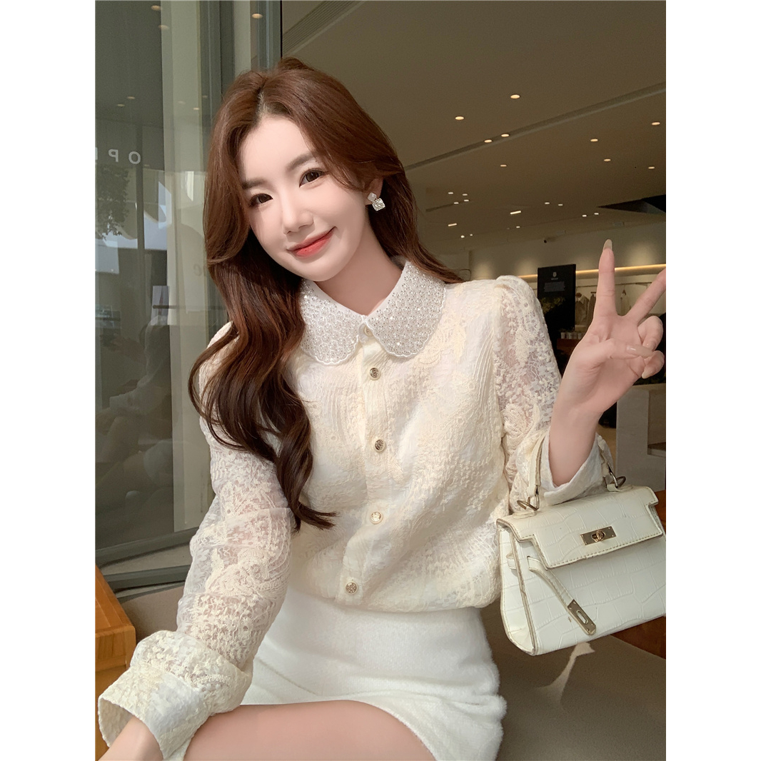 实价~钉珠翻领蕾丝衬衫2025春季新款松紧小香风重工长袖小衫