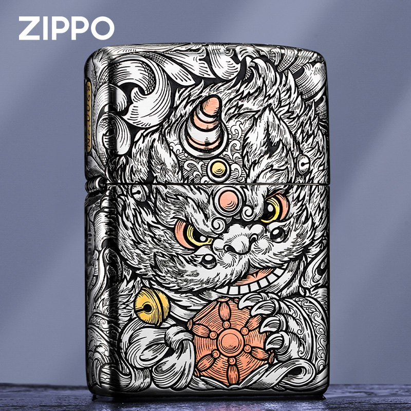 ZIPPO打火机【错金银醒狮】防风煤油芝宝正版正品打火机DYH1X1M1