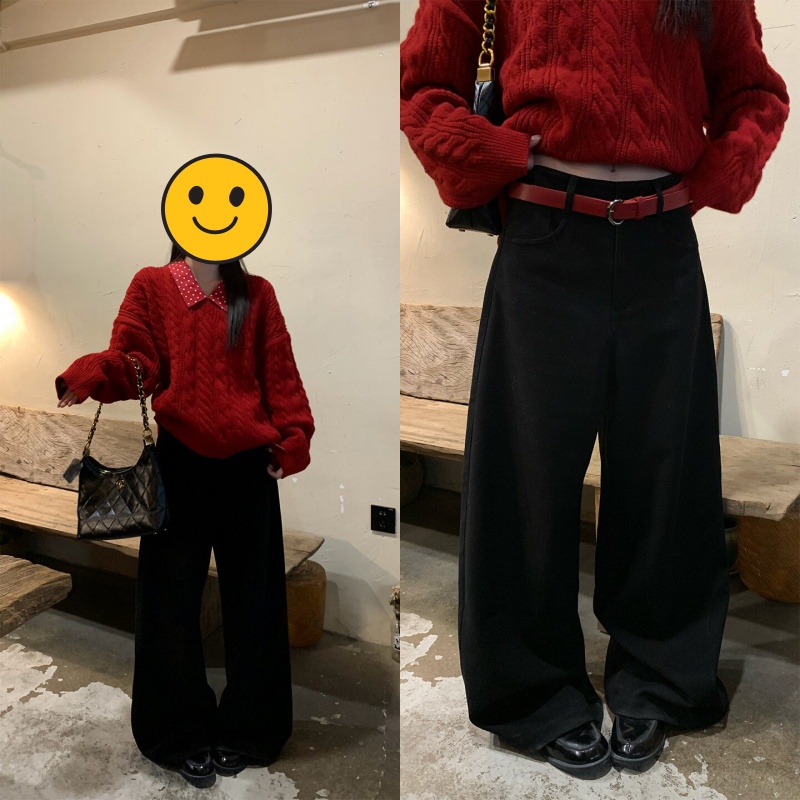 上新秋冬新款黑色廓形加绒高腰百搭气质阔腿牛仔裤LK1230089