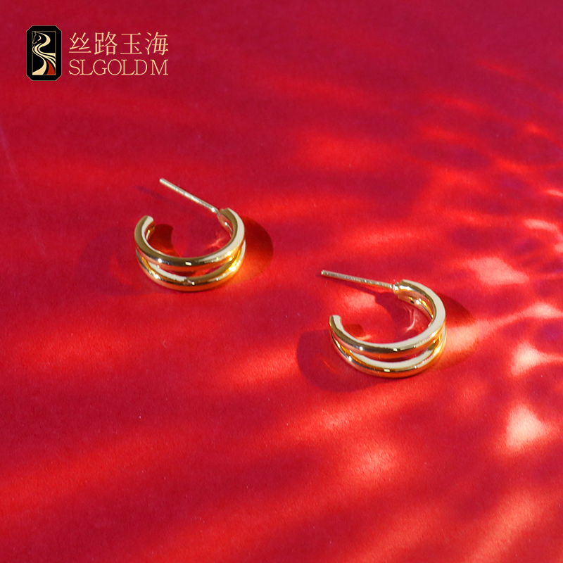 丝路玉海简约双圈耳饰足金999气质轻奢时尚百搭复古法式精致优雅