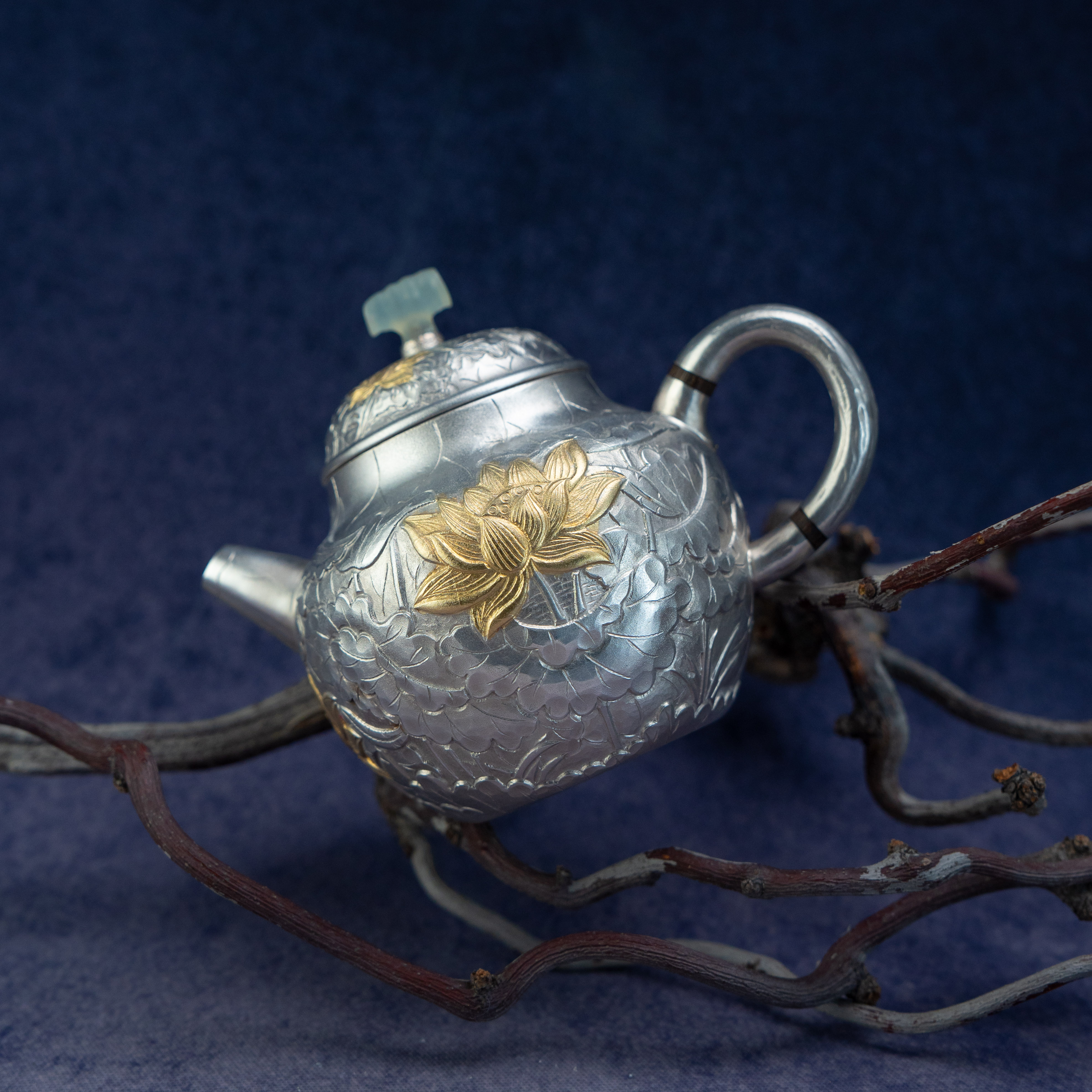 金大师足银 纯手工 莲花镀金泡壶 非遗手工艺