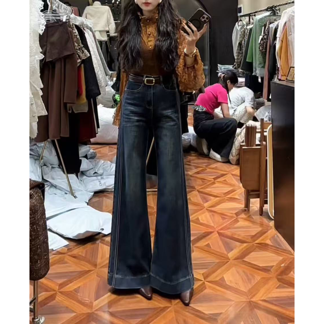 【 Wan wan】侧两条杆猫爪纹弹力不贴腿喇叭牛仔裤