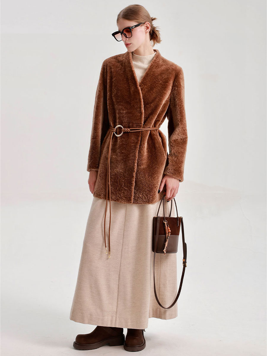 UJ/南非进口lacon拉贡皮毛一体女外套2025V领收腰皮草