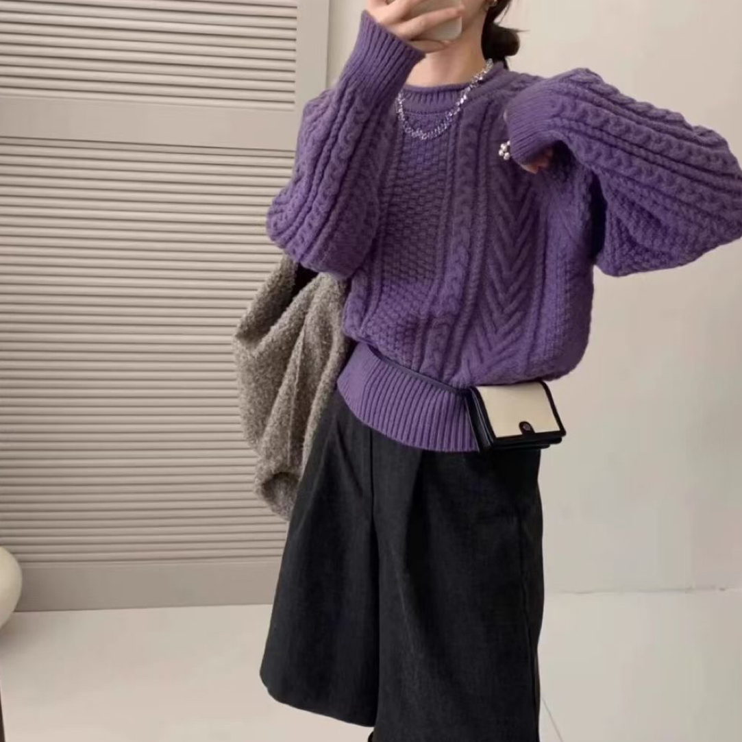 韩系圆领麻花毛衣女秋冬软糯加厚宽松慵懒风复古针织打底上衣