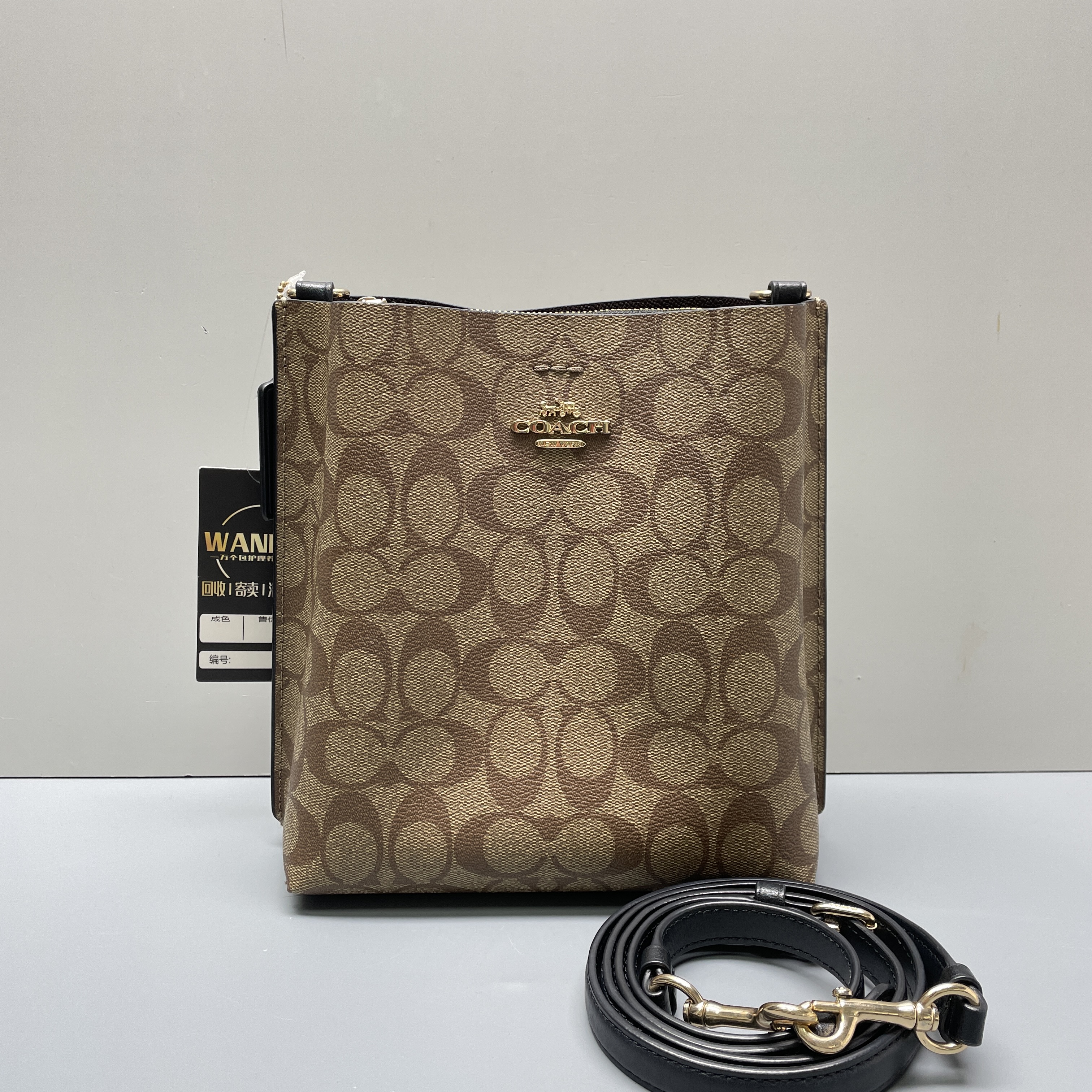 90新 COACH/蔻驰 少肩带/mollie黑拼老花水桶包20*22*10ME112807