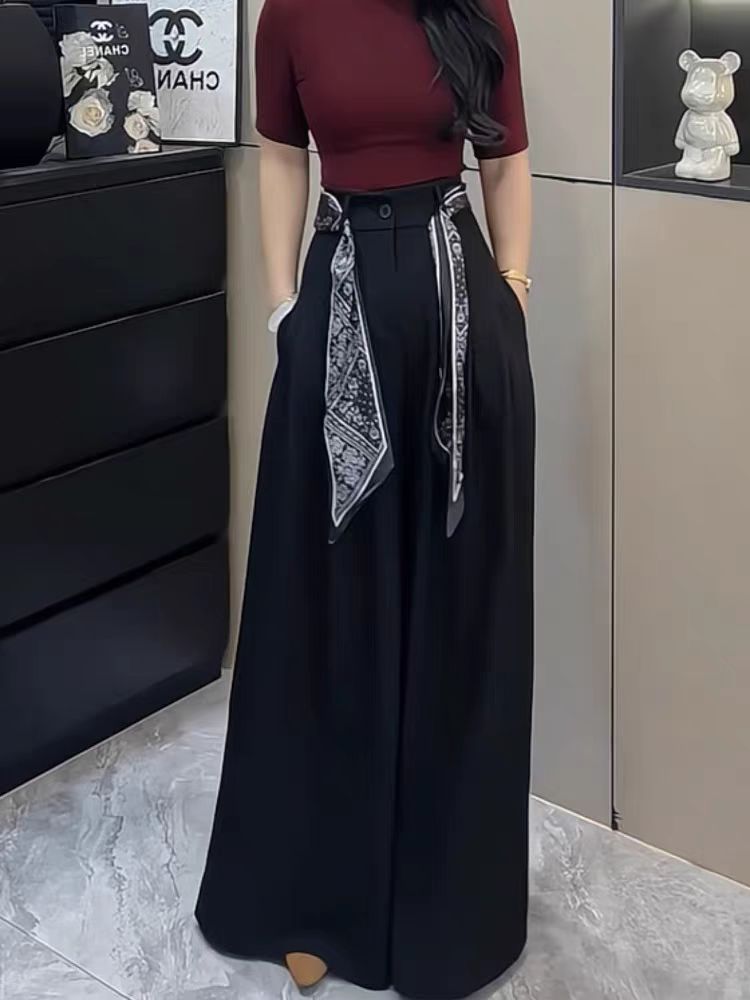 高腰显瘦阔腿裤韩版百搭配气质丝巾阔腿休闲西装裤【8951】