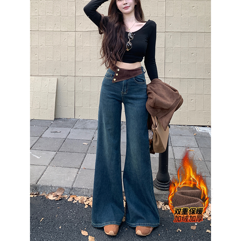 加绒设计感拼接撞色阔腿牛仔裤女2025年冬季新款高腰显高百搭长裤