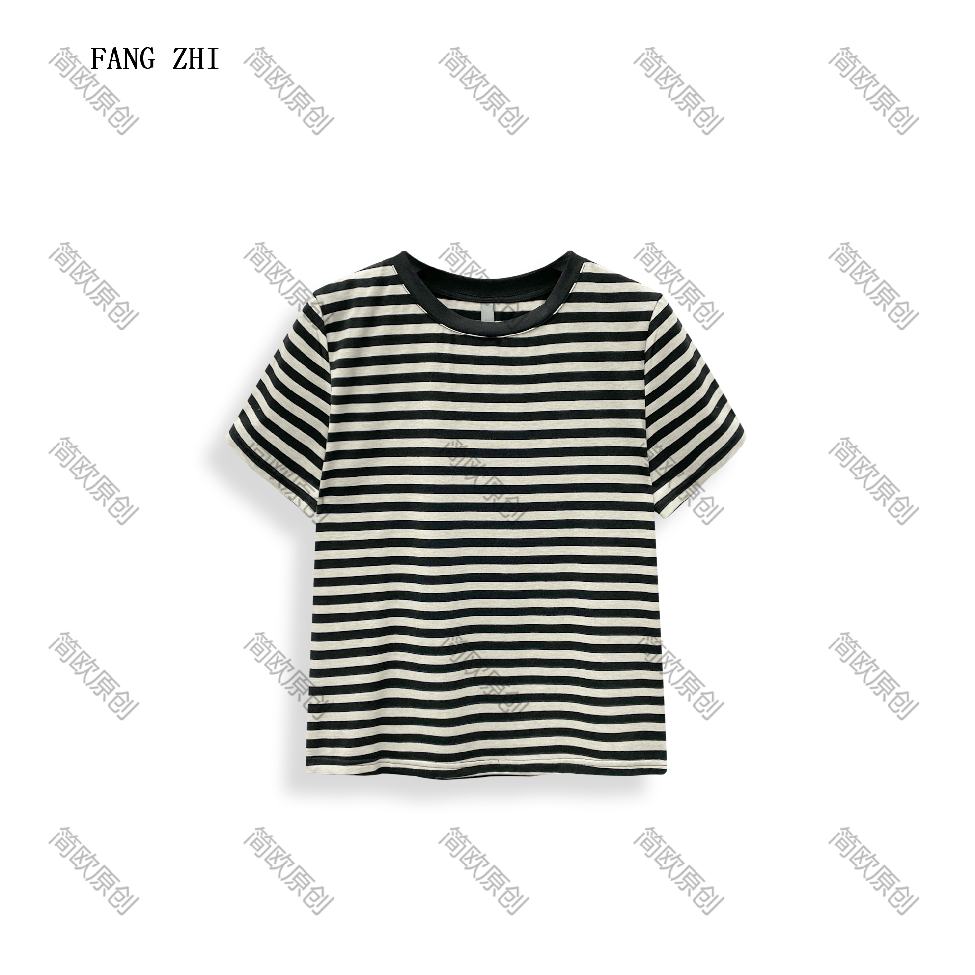 夏季棉质弹力圆领条纹撞色拼接休闲T恤短袖简约百搭上衣 T4229