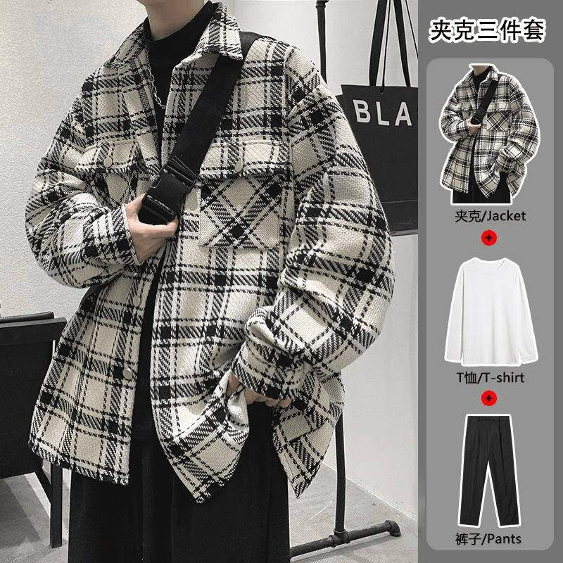 潮牌男装夹克套装呢格子衬衫痞帅一套搭配学生秋冬宽松三件套衣服