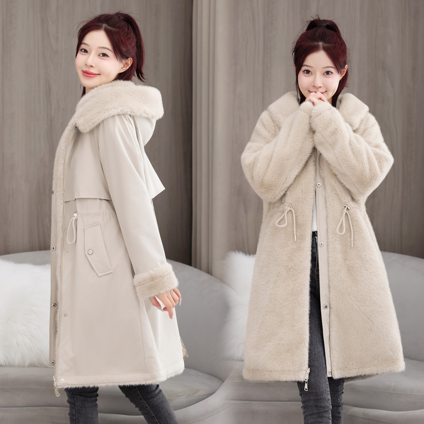 加厚加绒内胆派克棉服女2025冬新款加厚一衣二穿中长派克棉衣外套