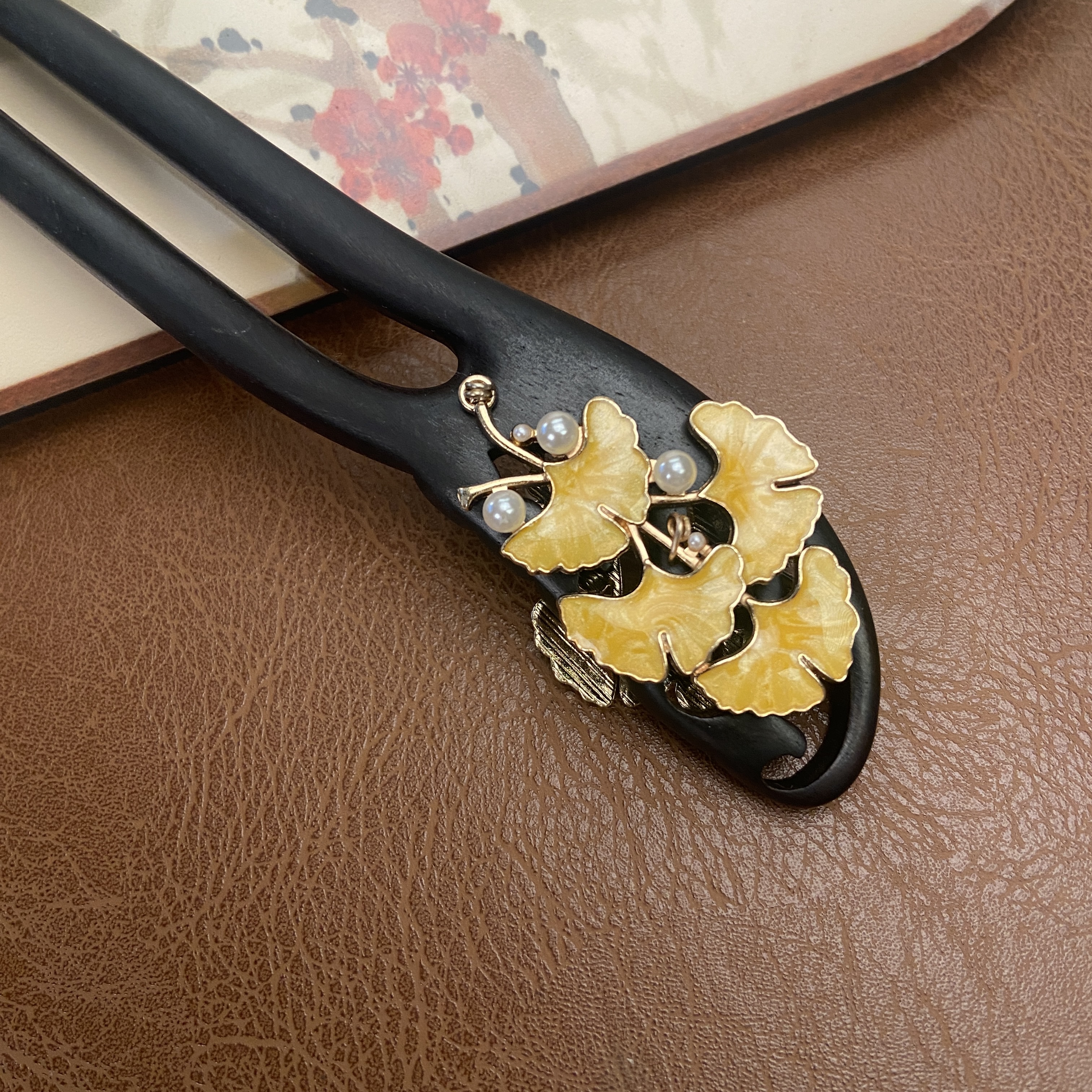 15公分 双釵双面银杏叶发簪