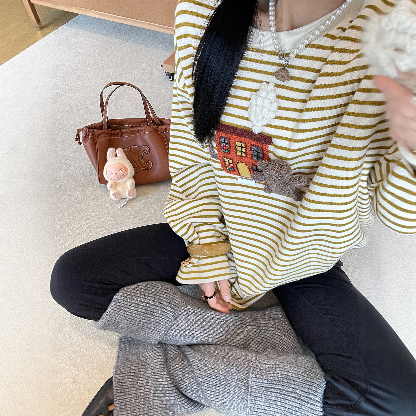 现货【周深同款小熊咖啡屋条纹】秋冬新品立体图案T恤长袖圆领女