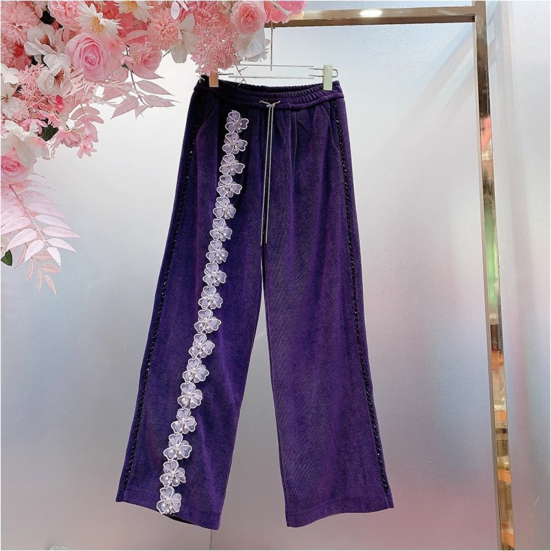 A448欧美设计师2025早春新款重工钉珠刺绣立体小花边直筒休闲裤女