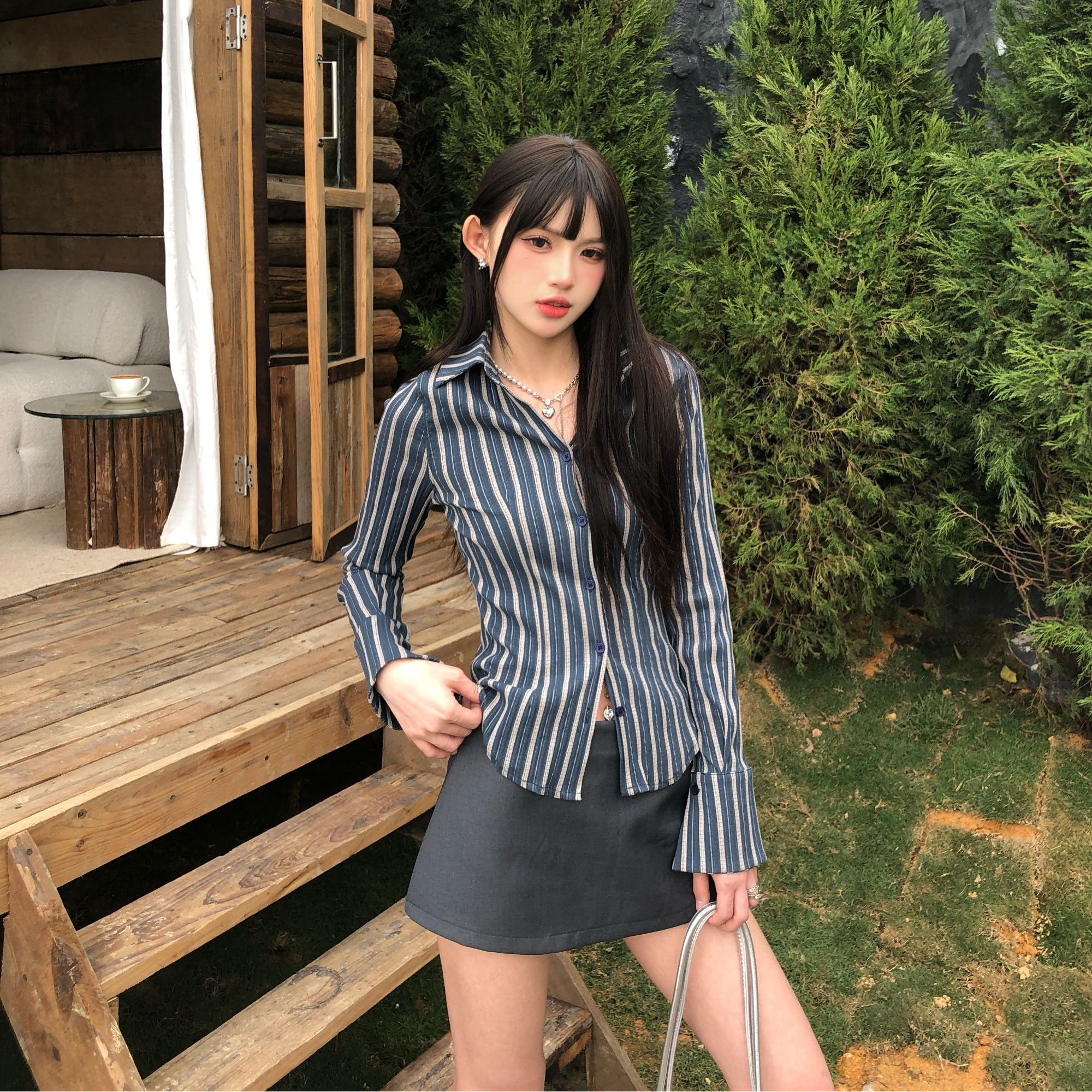 tugoufs 特调美式 设计感小众长袖衬衫女复古修身显瘦收腰上衣春