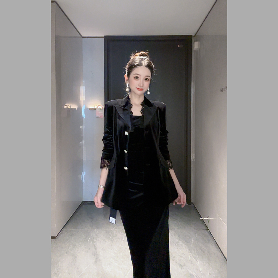 【小茵家】气质修身中长西装外套丝绒拼接蕾丝女神款女人味