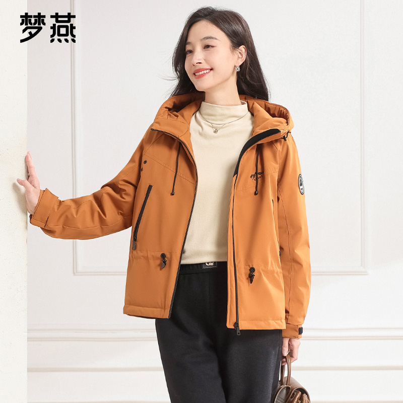 梦燕秋冬女款保暖舒适经典H版型连帽无领时尚派克鹅绒服CY13B5013