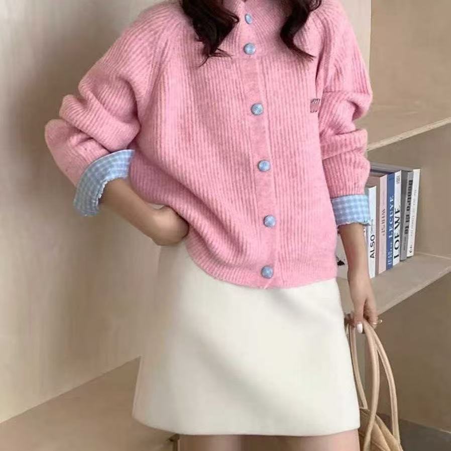 【鎏金yyDS】翻领针织宽松长袖慵懒风毛针织衫圆领条纹秋季毛衫