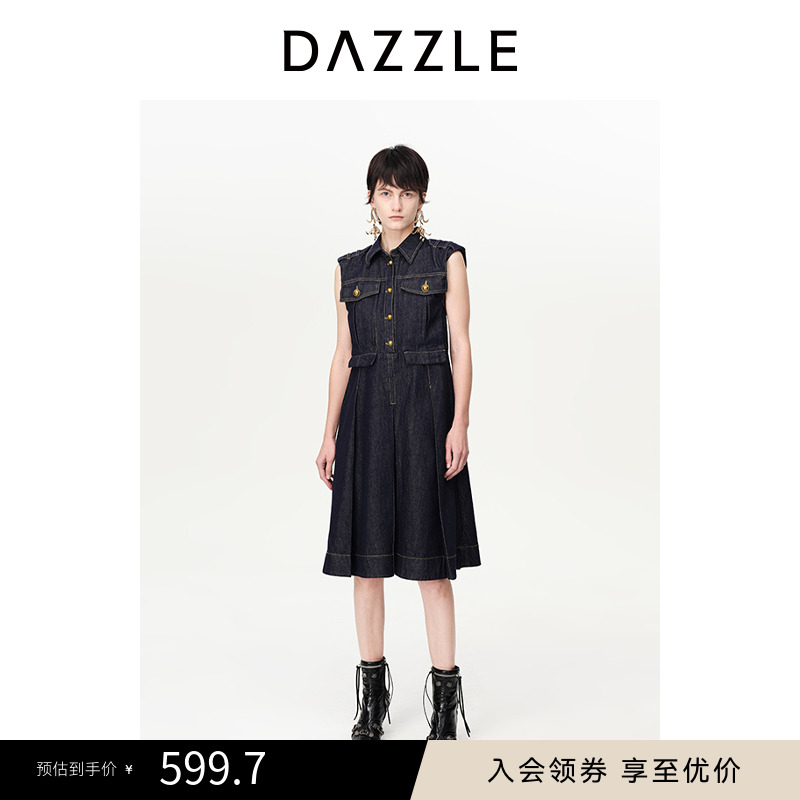 DAZZLE地素夏季牛仔休闲复古收腰A字百褶无袖连衣裙2H2RE07度假