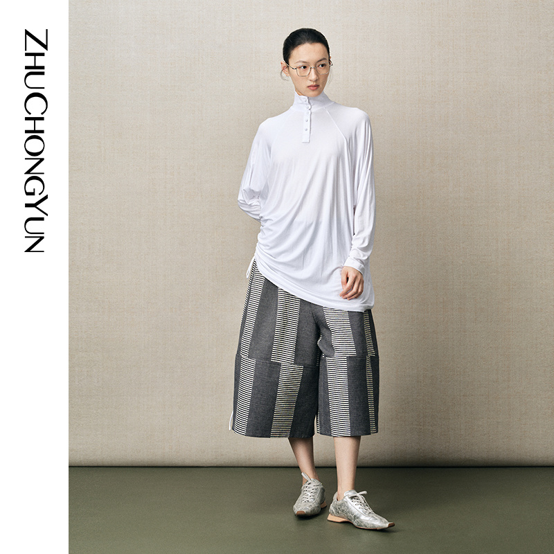 ZHUCHONGYUN2025春新款时尚简约立领宽松抽绳白色长袖莫代尔上衣