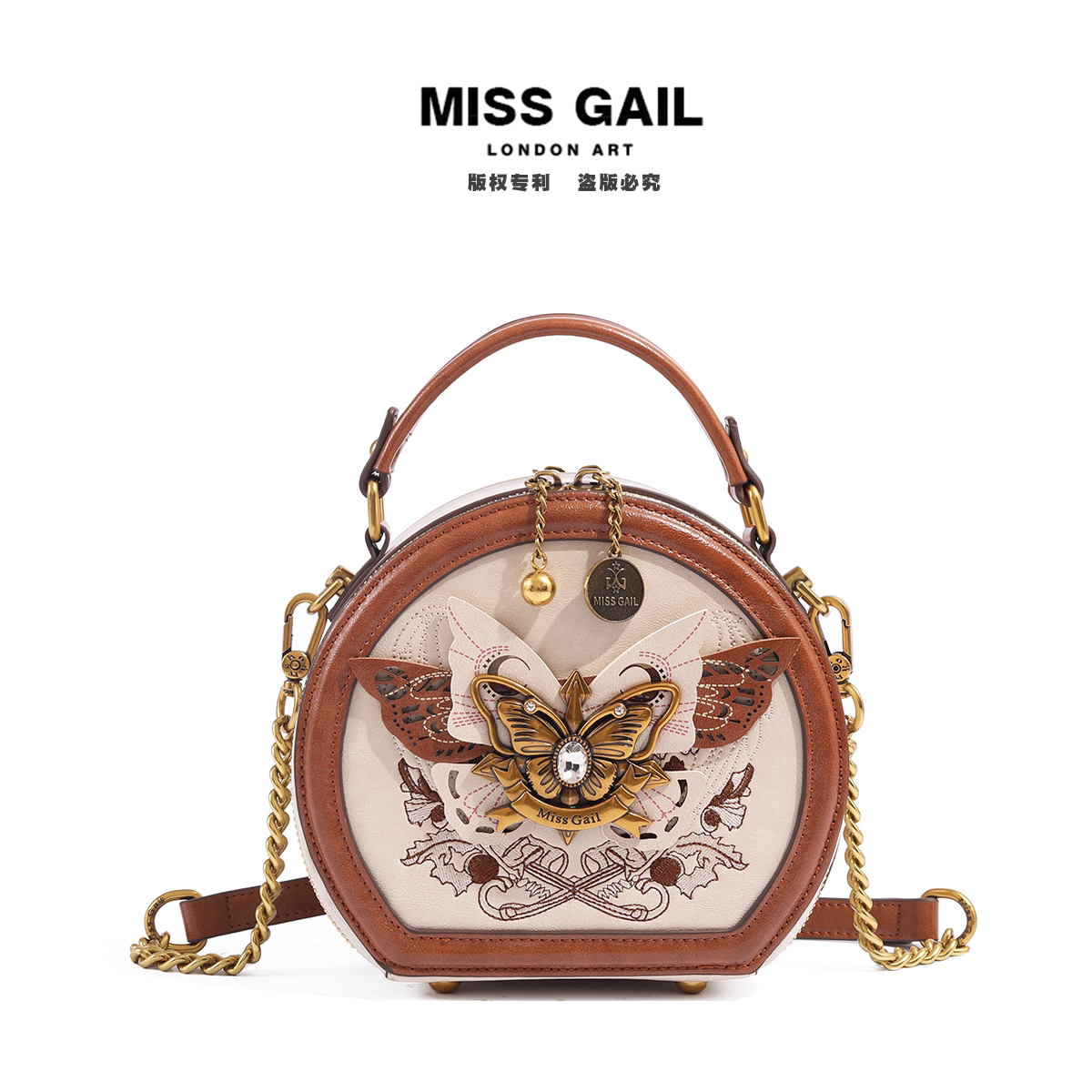 Miss Gail新款时尚轻奢蝴蝶斜挎包6652白配棕