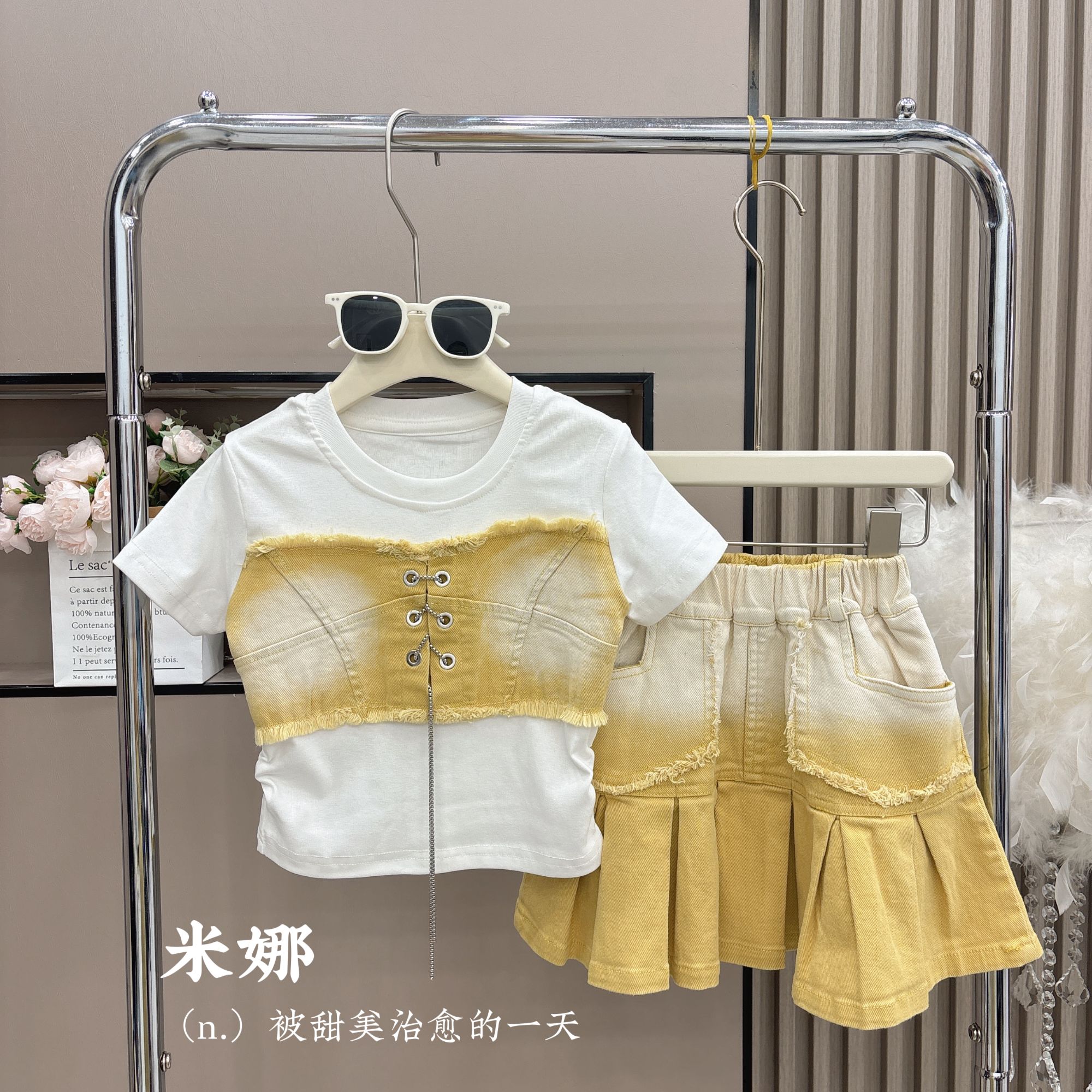2025夏季女童6018百搭黄色牛仔短袖加百搭时尚渐变黄色牛仔短裙